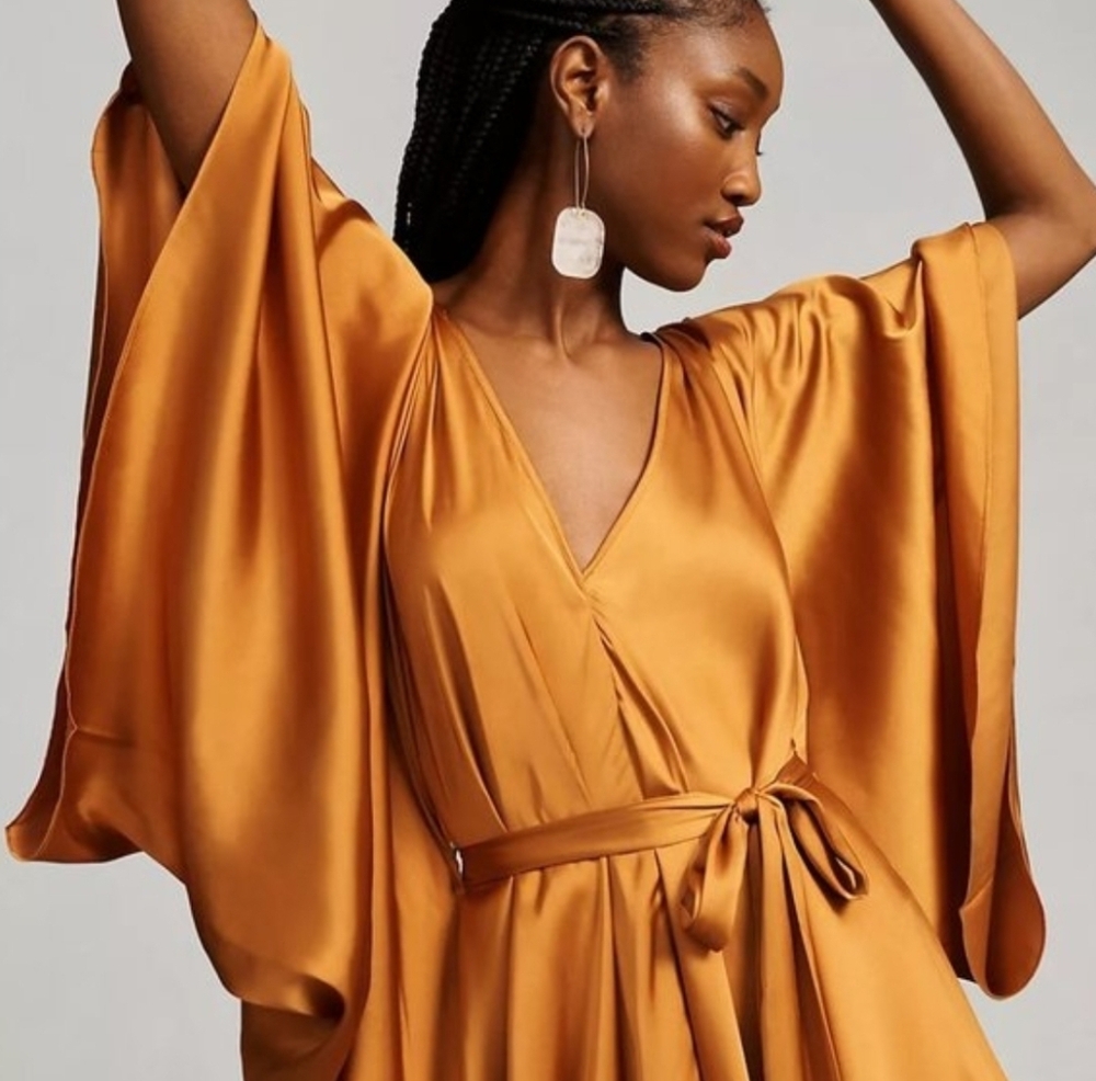 Anthropologie Satin Kaftan Tie Front Maxi Dress OS Adjustabe In Bronze NWT$200 - Picture 7 of 13